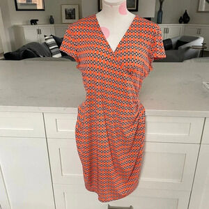 Jones New York Signature Petite Cap Sleeve Print Faux Wrap Dress Orange Sz MP